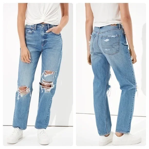 AE Favorite Boyfriend Distressed Ripped Light Wash - Picture 1 of 6
